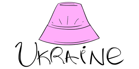 Pink panama hat and Ukraine lettering. Symbol of victory in the European music competition in 2022. Stock illustration with fashionable headdress.