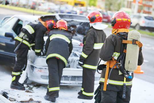Burning automobile after extinguishing a fire at city street