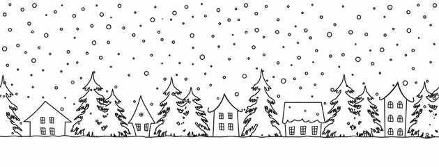 Winter background. Seamless border. There are black houses silhouettes and fir trees on a white background. Vector illustration