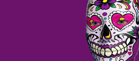 A beautiful view of 3d illustration with mexican skull painting on a 3d model. Gradient background.