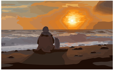 Chukchi hunter with his dog meets the sun on the shore of the northern sea. Vector illustration.