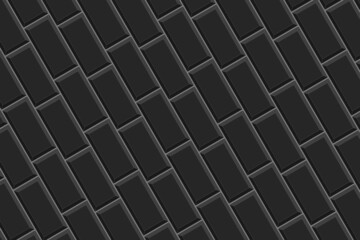 Black rectangles tile diagonal arrangement. Ceramic or stone brick background. Kitchen backsplash or bathroom wall or floor seamless pattern. Exterior or interior texture. Vector flat illustration