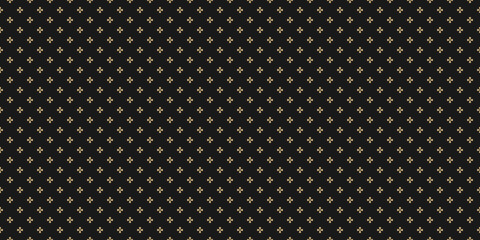 Vector golden geometric floral pattern. Simple abstract minimalist seamless texture with small flowers, crosses. Luxury gold and black ornament background. Minimal repeat design for decor, wallpaper © Olgastocker