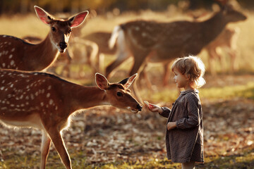 Little girl feeding a deer from her hands