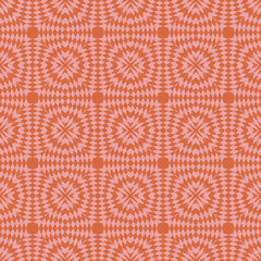 Vector geometric burst background. Orange and pink seamless pattern with optical illusion effect. Abstract checkered ornament texture. Retro style pattern. Endless repeat design for decor, print, wrap