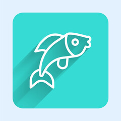 White line Fish icon isolated with long shadow background. Green square button. Vector