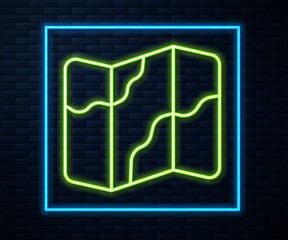 Glowing neon line Camping and hiking on map icon isolated on brick wall background. Vector
