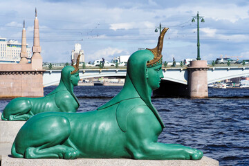 Sculptures of two sphinxes on the embankment of Malaya Nevka river, Kamennoostrovsky Bridge, St....