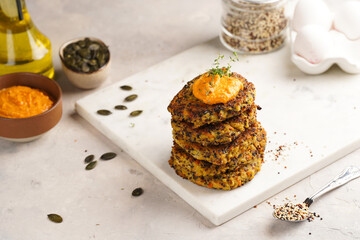 Vegetable carrot and quinoa pancakes in stack topped with paprika hummus, sunflower seeds. Healthy vegetarian food - plant based diet concept.