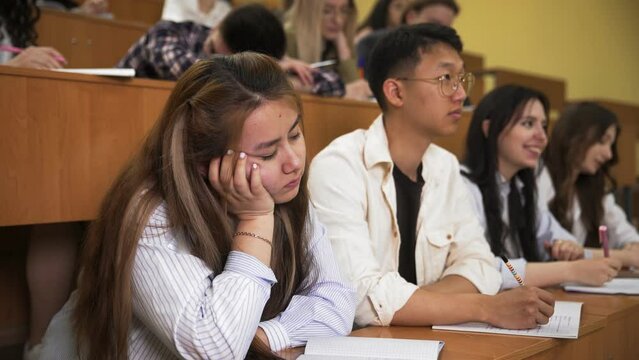 A group of students is studying in a lecture hall. Young people are studying at the university or a student is sitting in a school lesson. Teenagers listen to the teacher and write in the classroom. A
