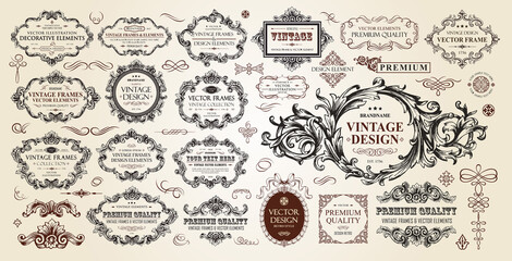 Vintage frames collection. Luxury classic vignettes, borders, labels and monograms isolated on a white background. Decorative calligraphic elements for certificates, posters and cards in retro style. - obrazy, fototapety, plakaty