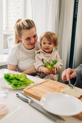 Mom and little girl having breakfast in kitchen. Breakfast in a kitchen at home in the morning. Vertical photo