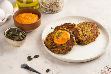 Vegetable carrot and quinoa pancakes on a plate topped with paprika hummus, sunflower seeds. Healthy vegetarian food - plant based diet concept.