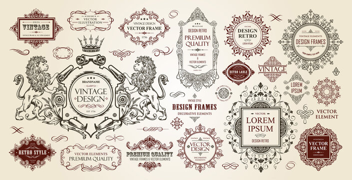 Vintage frames collection. Luxury classic vignettes, borders, labels and monograms isolated on a white background. Decorative calligraphic elements for certificates, posters and cards in retro style.