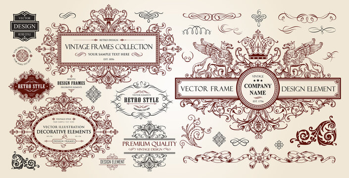 Vintage frames collection. Luxury classic vignettes, borders, labels and monograms isolated on a white background. Decorative calligraphic elements for certificates, posters and cards in retro style.