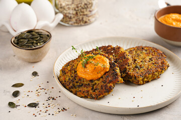 Vegetable carrot and quinoa pancakes on a plate topped with paprika hummus, sunflower seeds....