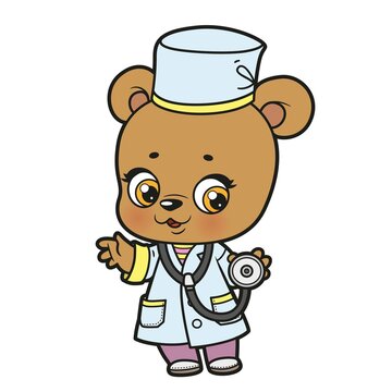Cute cartoon baby bear dressed as a doctor with a phonendoscope color variation for coloring page on white background