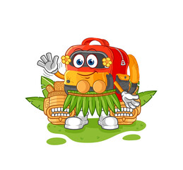 backpack hawaiian waving character. cartoon mascot vector