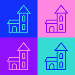Pop art line Church building icon isolated on color background. Christian Church. Religion of church. Vector