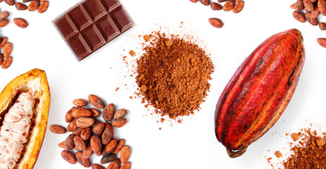Creative layout made of cacao powder,  cacao fruit, cacao beans and chocolate bar on the white...