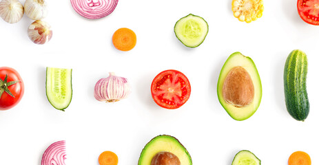 Creative animation made of Vegetables. Avocado, tomato, garlic, onion, cucumber, carrot, corn, garlic. Vegetables isolated animation on white background. Top view.