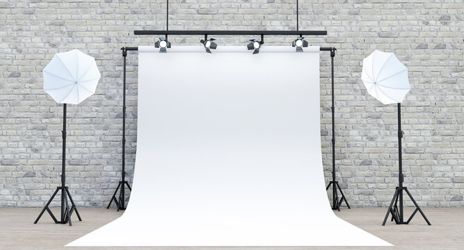 Photo studio white background with soft box light, and armchair, Photo studio with modern interior and lighting equipment, 3D render