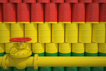 Barrels with flag of Bolivia and gas transportation pipe. 3d rendering