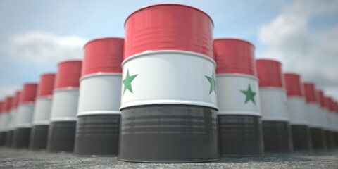 Many barrels with flag of Syria. Oil or chemical industry supply related 3D rendering