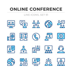 Online conference vector line icons set. Thin line design. Outline graphic elements, simple stroke symbols. Online conference icons