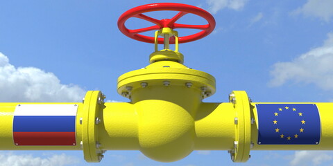 RUSSIA EU gas or oil transit concept. Pipe with valve, 3D rendering - obrazy, fototapety, plakaty