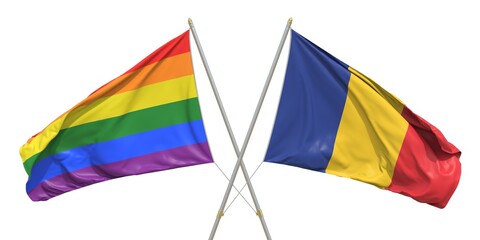 Flags of Romania and LGBTQ on white background. 3D rendering