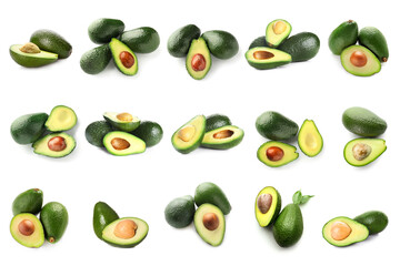 Set of many fresh avocados isolated on white