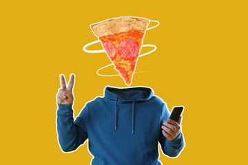 Cool man with slice of tasty pizza instead of his head and mobile phone on yellow background