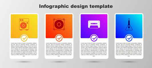Set Guitar amplifier, Stereo speaker, Retro audio cassette tape and Balalaika. Business infographic template. Vector