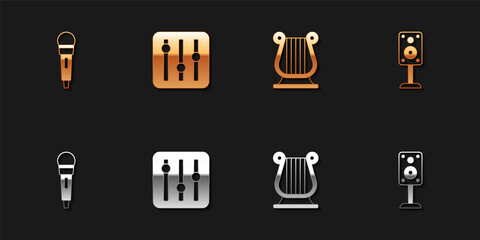 Set Microphone, Sound mixer controller, Ancient Greek lyre and Stereo speaker icon. Vector