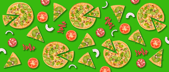 Many tasty pizzas and ingredients on green background. Texture for design