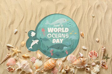 Card for World Ocean Day with different sea shells on beach sand
