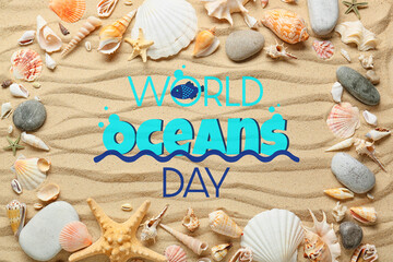 Card for World Ocean Day with different sea shells on beach sand
