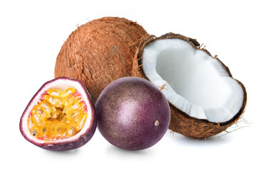 Ripe passion fruit and coconut on white background