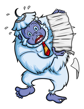 The worker yeti is holding a lot of paper