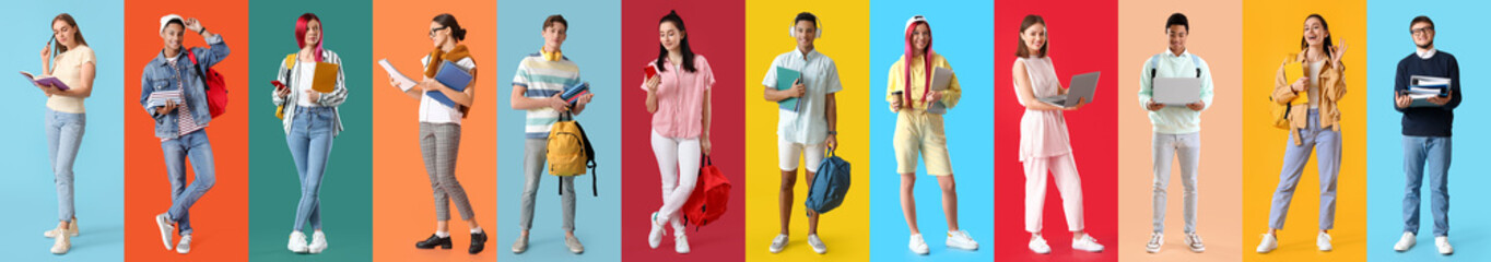 Group of stylish students on colorful background