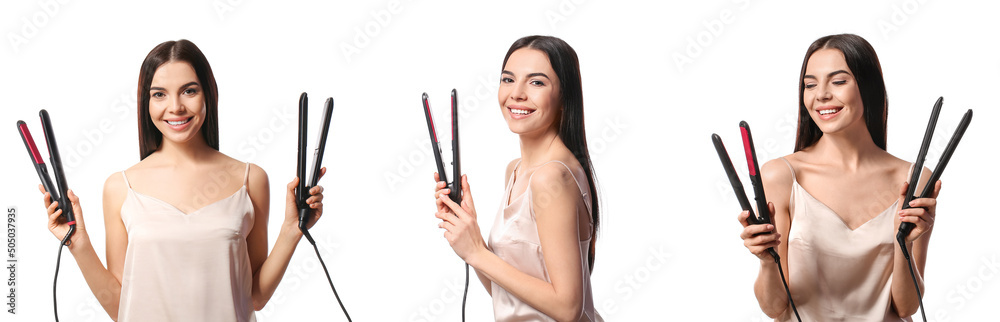 Wall mural Set of beautiful young woman with flattening irons on white background