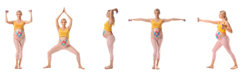 Set of pregnant woman with applied kinesio tape training against white background