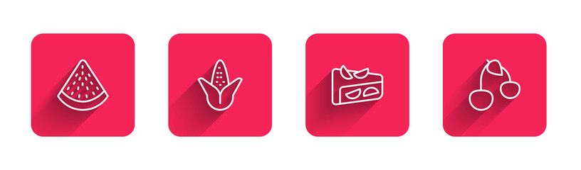 Set line Watermelon, Corn, Homemade fruit pie and Cherry with long shadow. Red square button. Vector