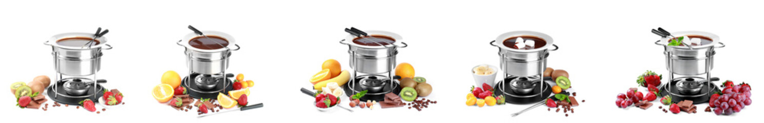 Set of fondue pot with melted chocolate, fruits and marshmallows on white background