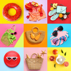 Collage of beach accessories and fresh fruits on color background. Hello summer - obrazy, fototapety, plakaty