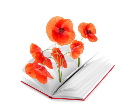Open book with poppy flowers isolated on white
