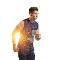 Running young man on white background
