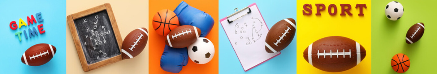 Composition with balls for playing American football, basketball and soccer on colorful background