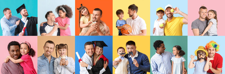 Collage with happy fathers and children on colorful background